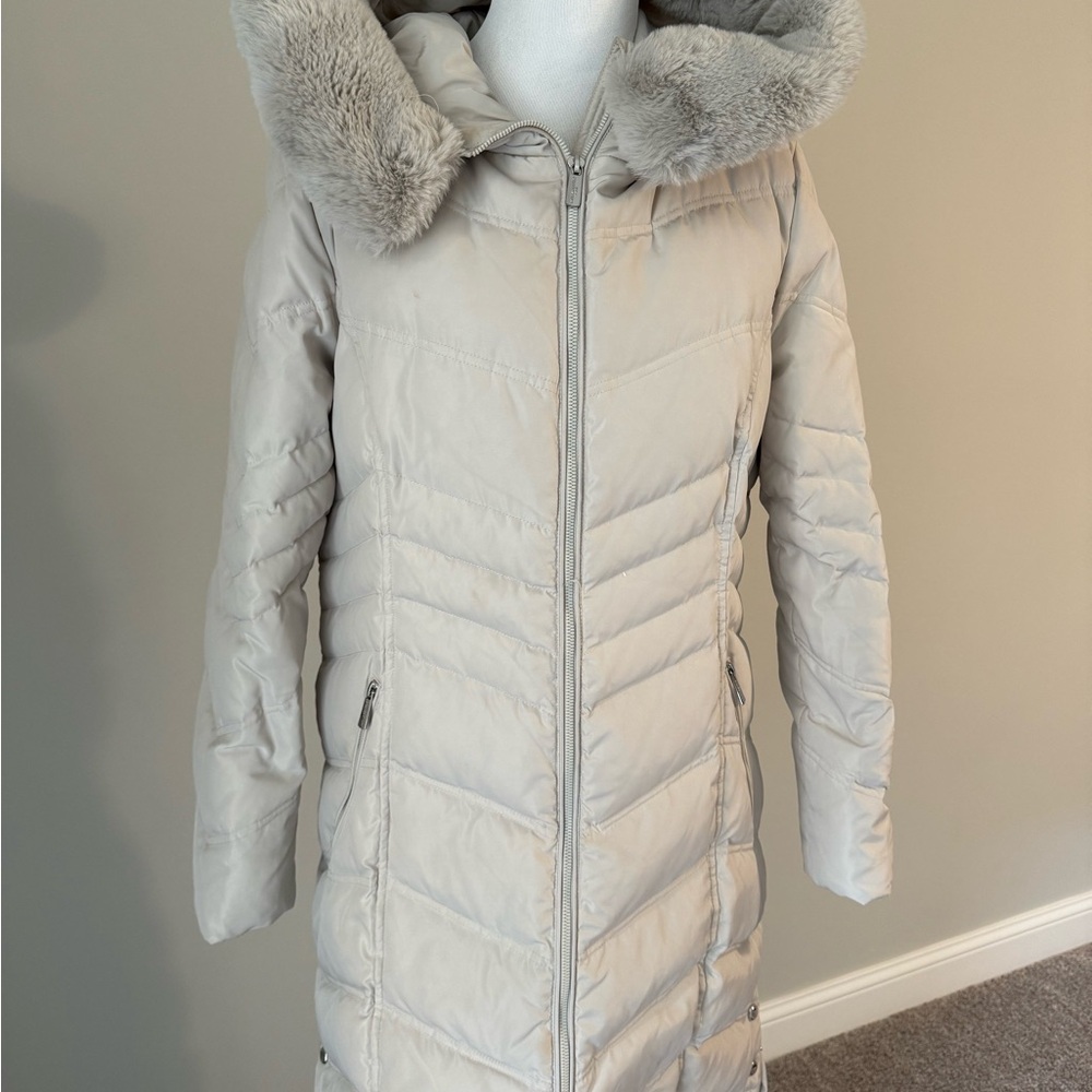 Karl Lagerfeld Light Gray Puffer Jacket with Faux Fur Hood